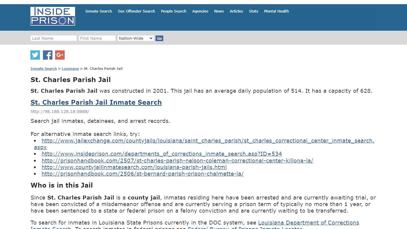 St. Charles Parish Jail - Louisiana - Inmate Search